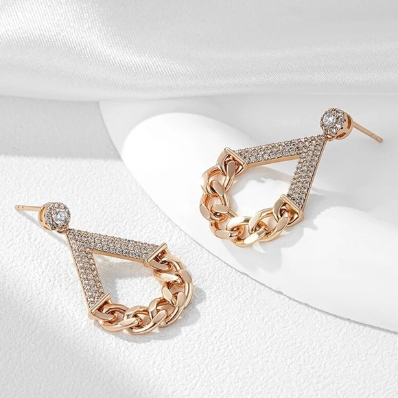 Rose Gold Natural Zircon Geometric Chain Drop Earrings - Picture 3 of 5